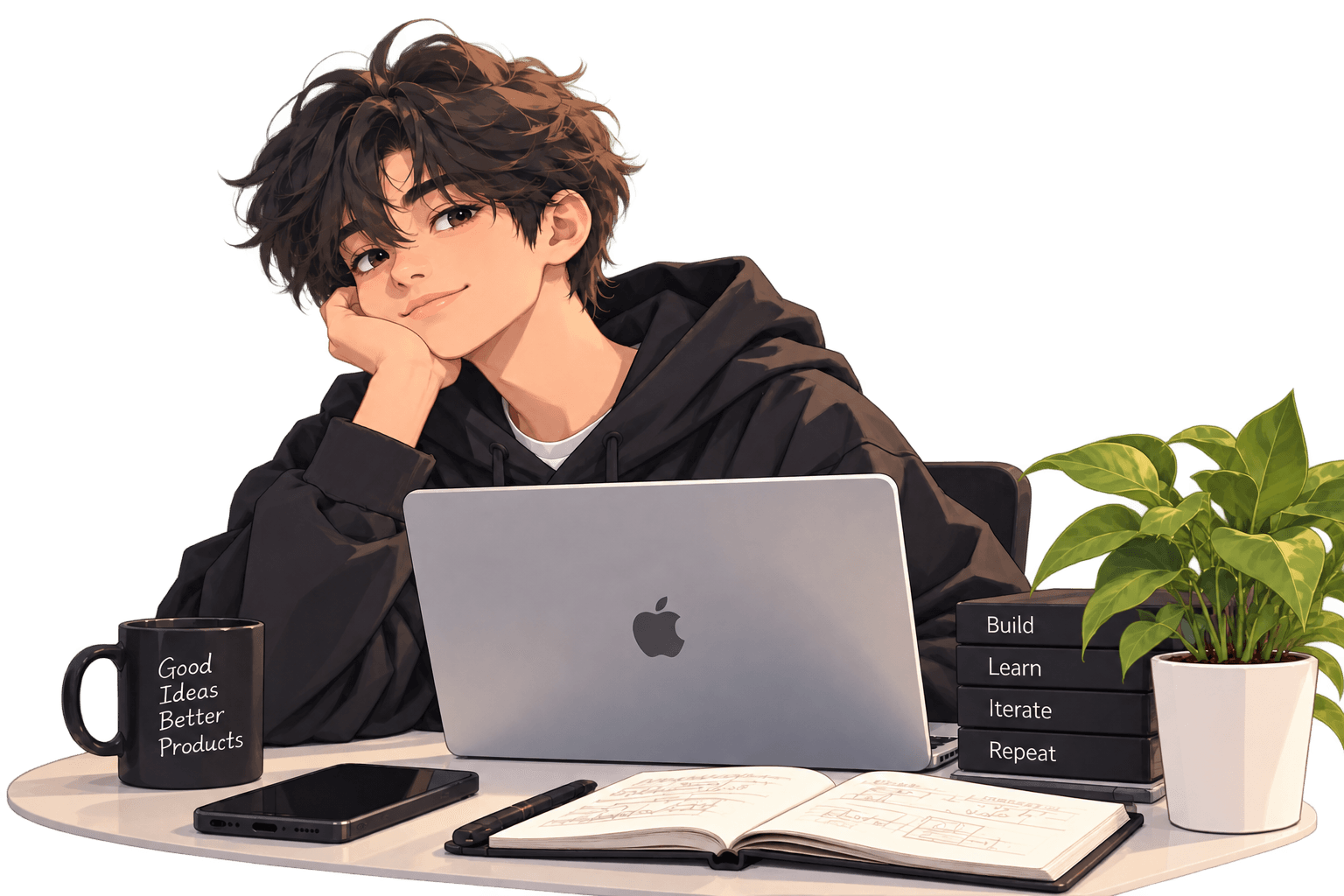 Illustration of Alief resting his chin on his hand behind a laptop, with a mug, notebook, and plant on the desk