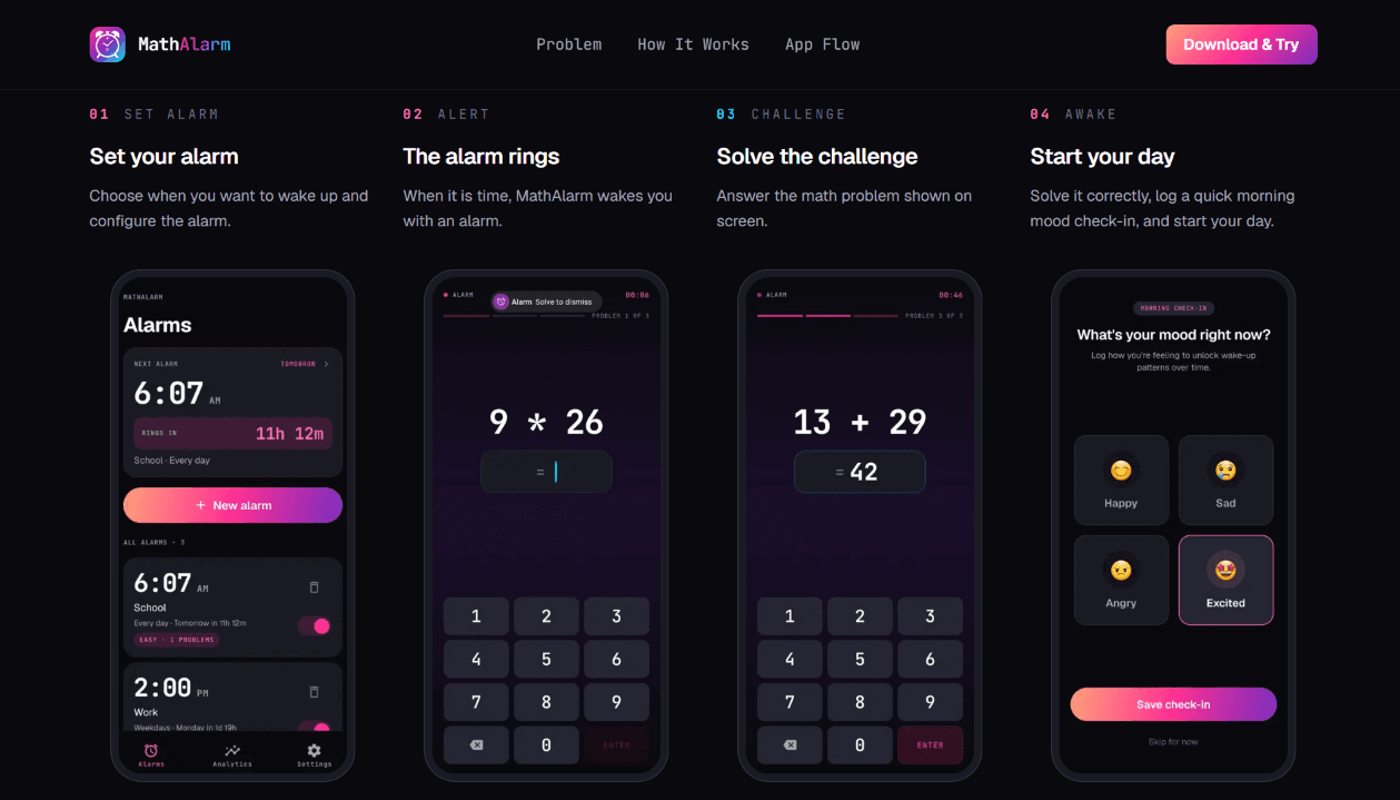 MathAlarm mobile alarm app with math challenge flow